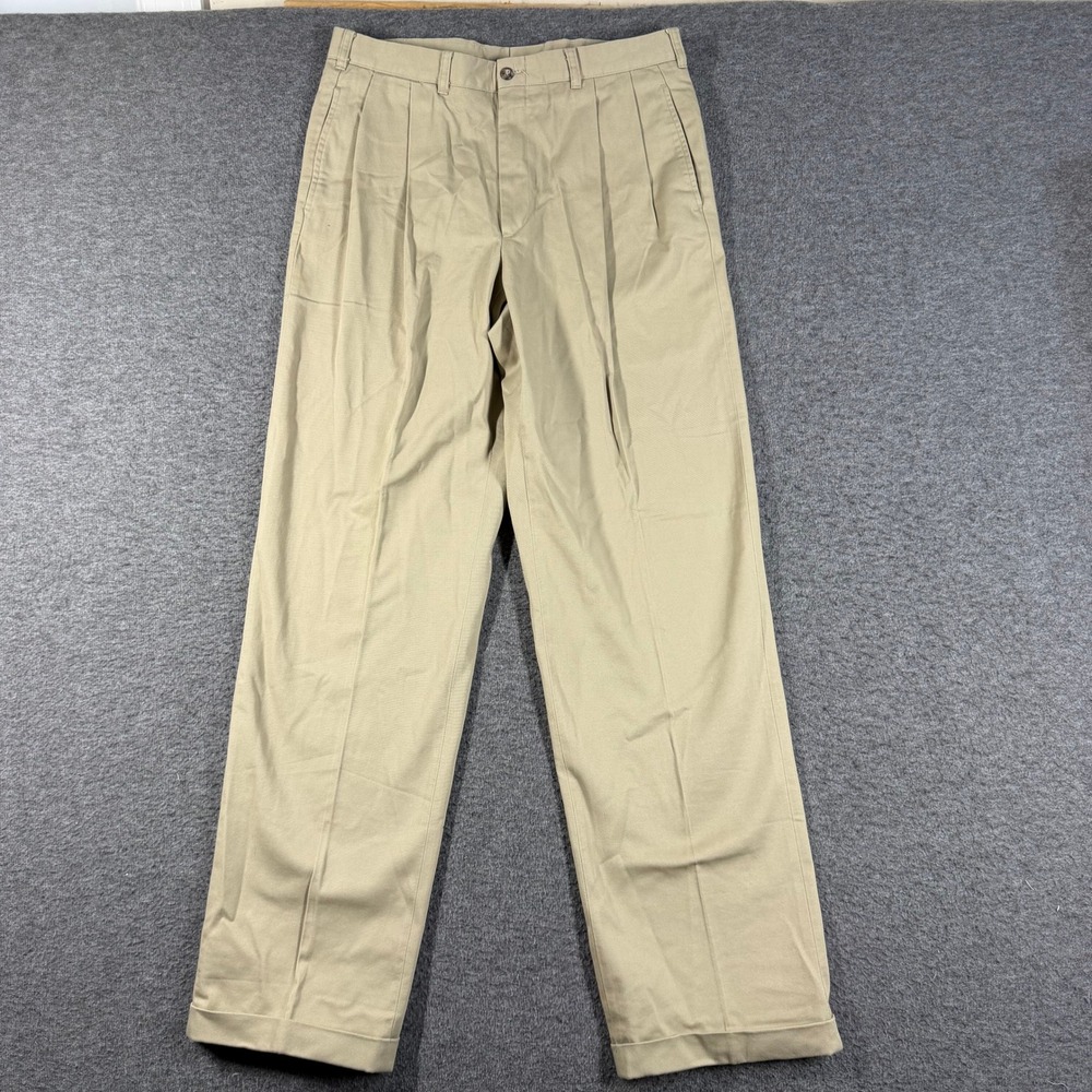 Charleston Khakis Mens Pleated Tan Beige Cuffed Dress Pants 33 34" Inseam